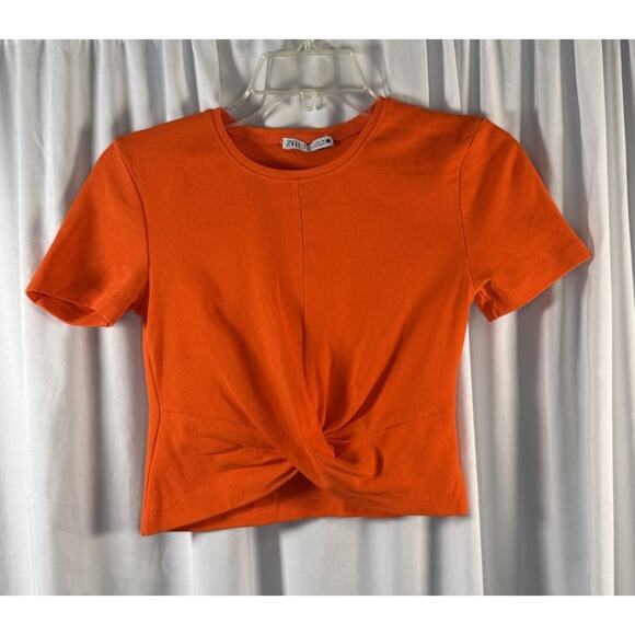 Zara Short Sleeves Cropped Cotton Blend Top, Orange , Sz: S, 83-37 - Picture 10 of 13